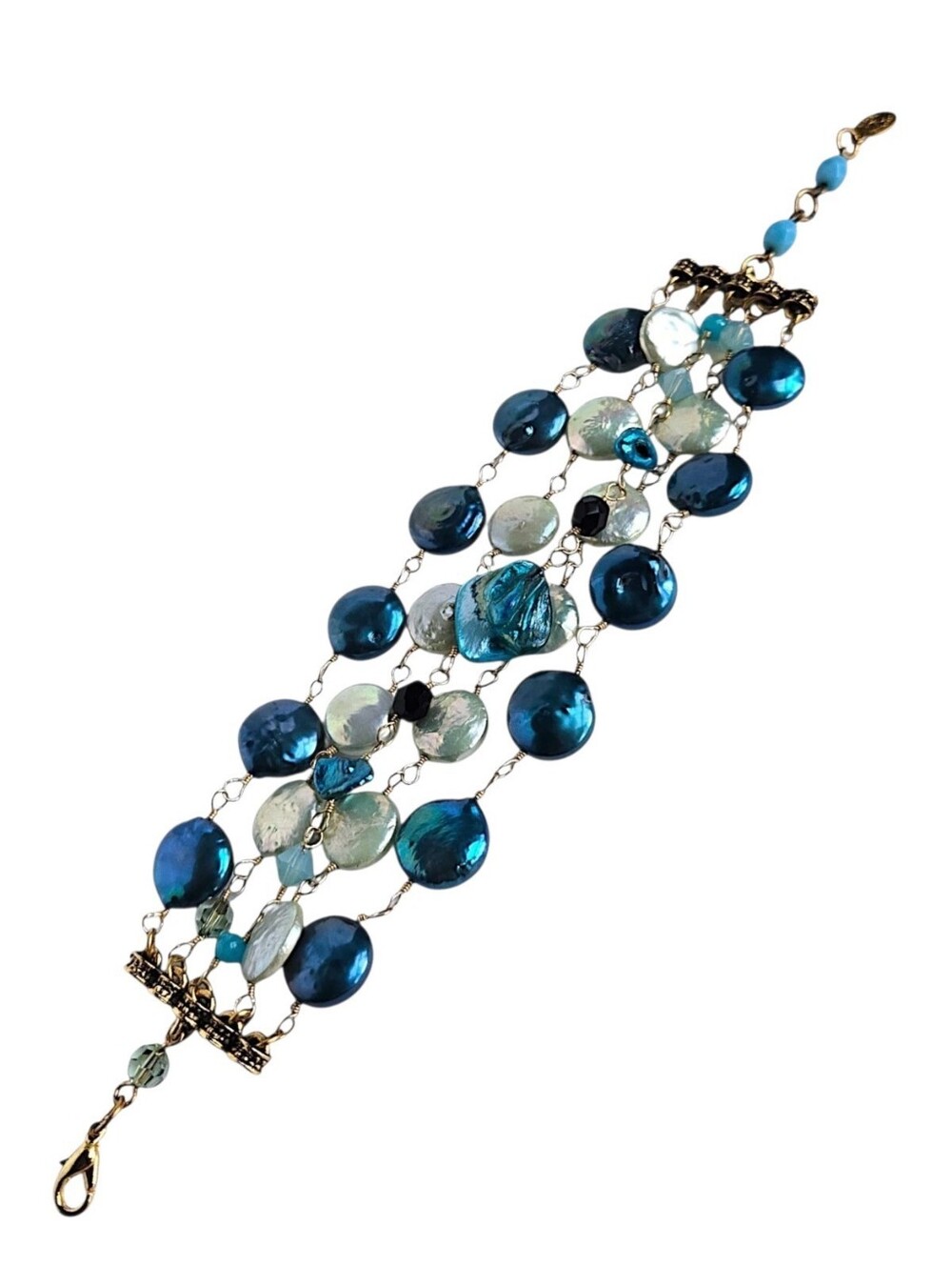 Rachel Reinhardt Freshwater Coin Pearl Bracelet Blue Teal Multistrand Size 6.5